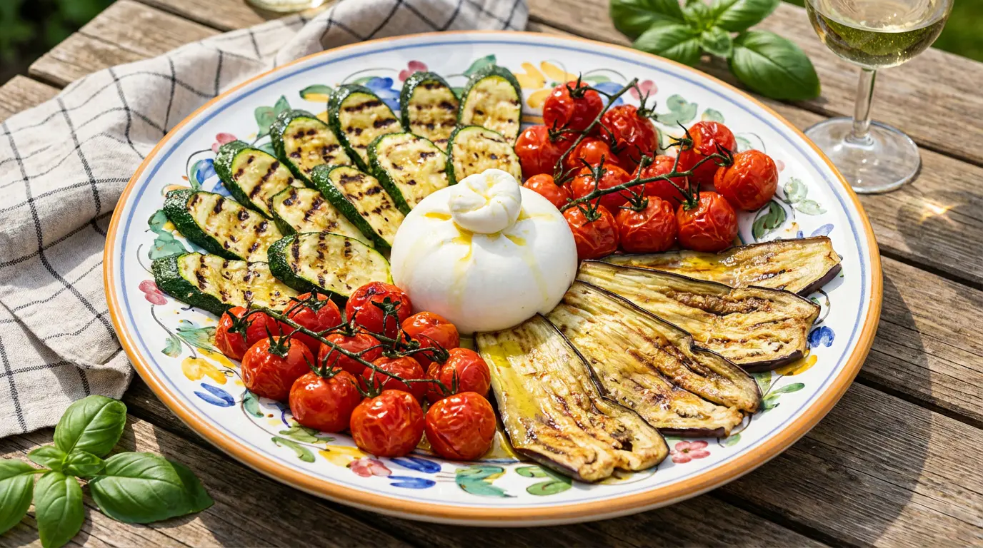 Plateau de légumes grillés et burrata pour un repas estival