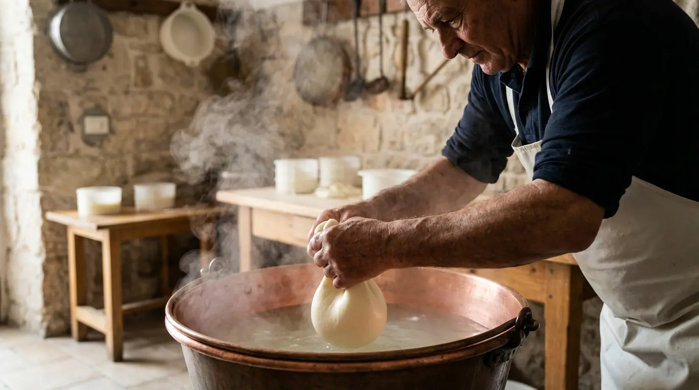Artisan fromager façonnant la burrata à la main à Andria