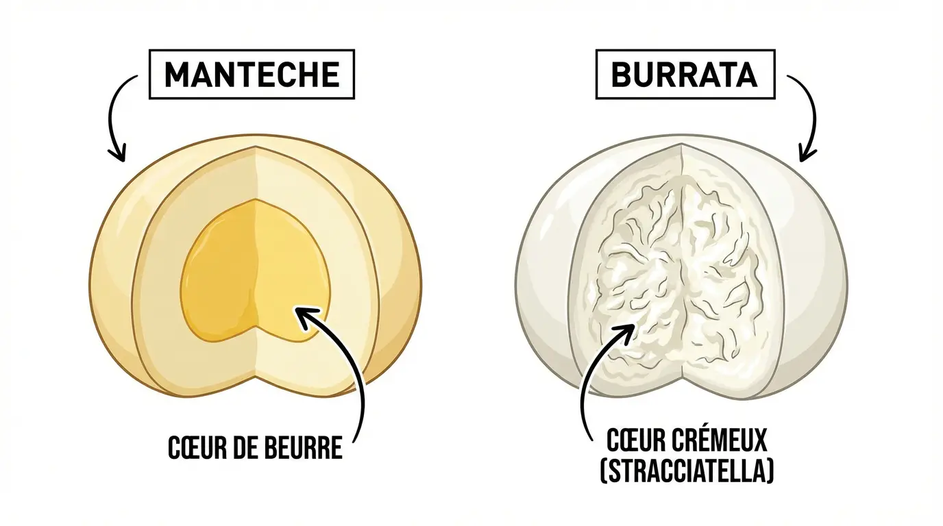 Schéma comparatif coupe transversale manteche au beurre et burrata à la crème