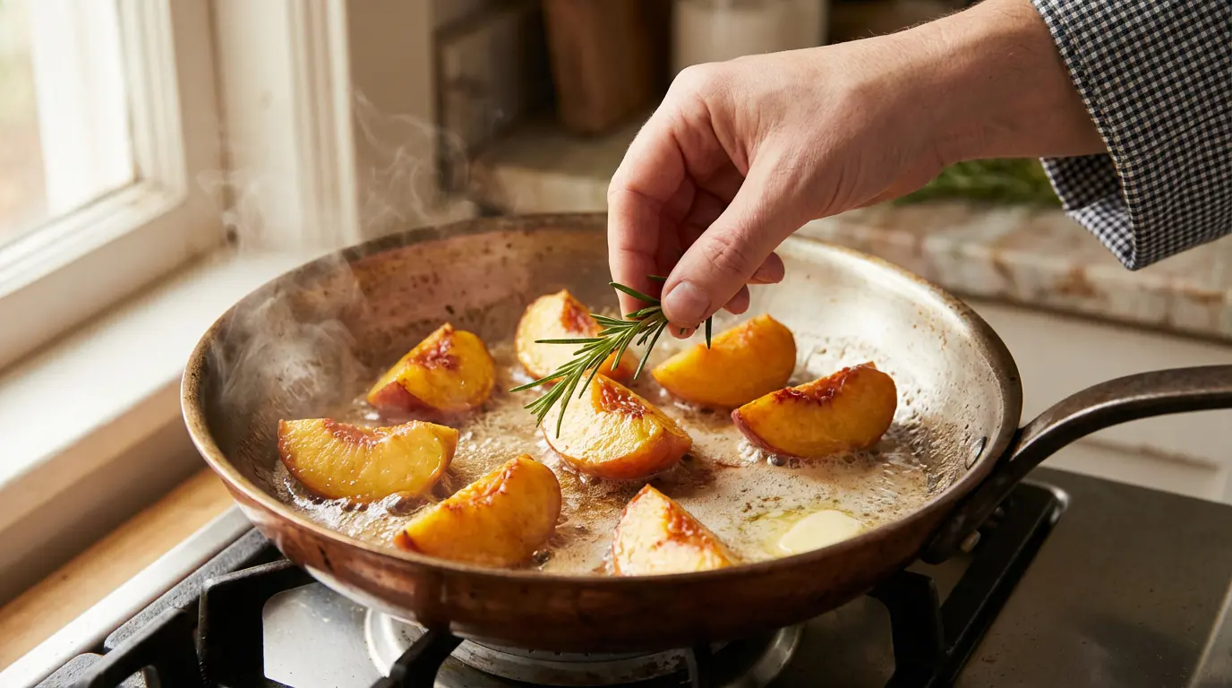 Cuisson des pêches à la poêle dans du miel caramélisé