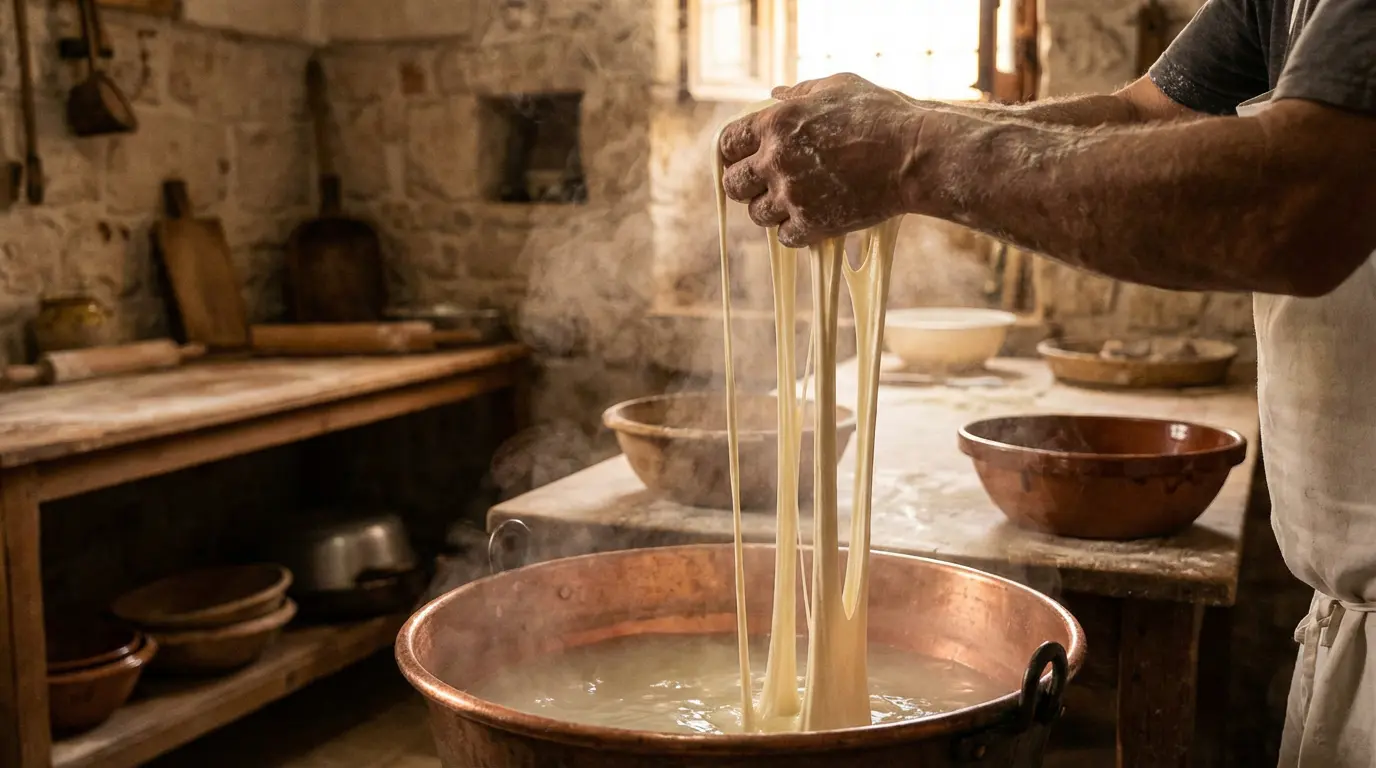 Artisan fromager filant la pâte de la mozzarella à la main