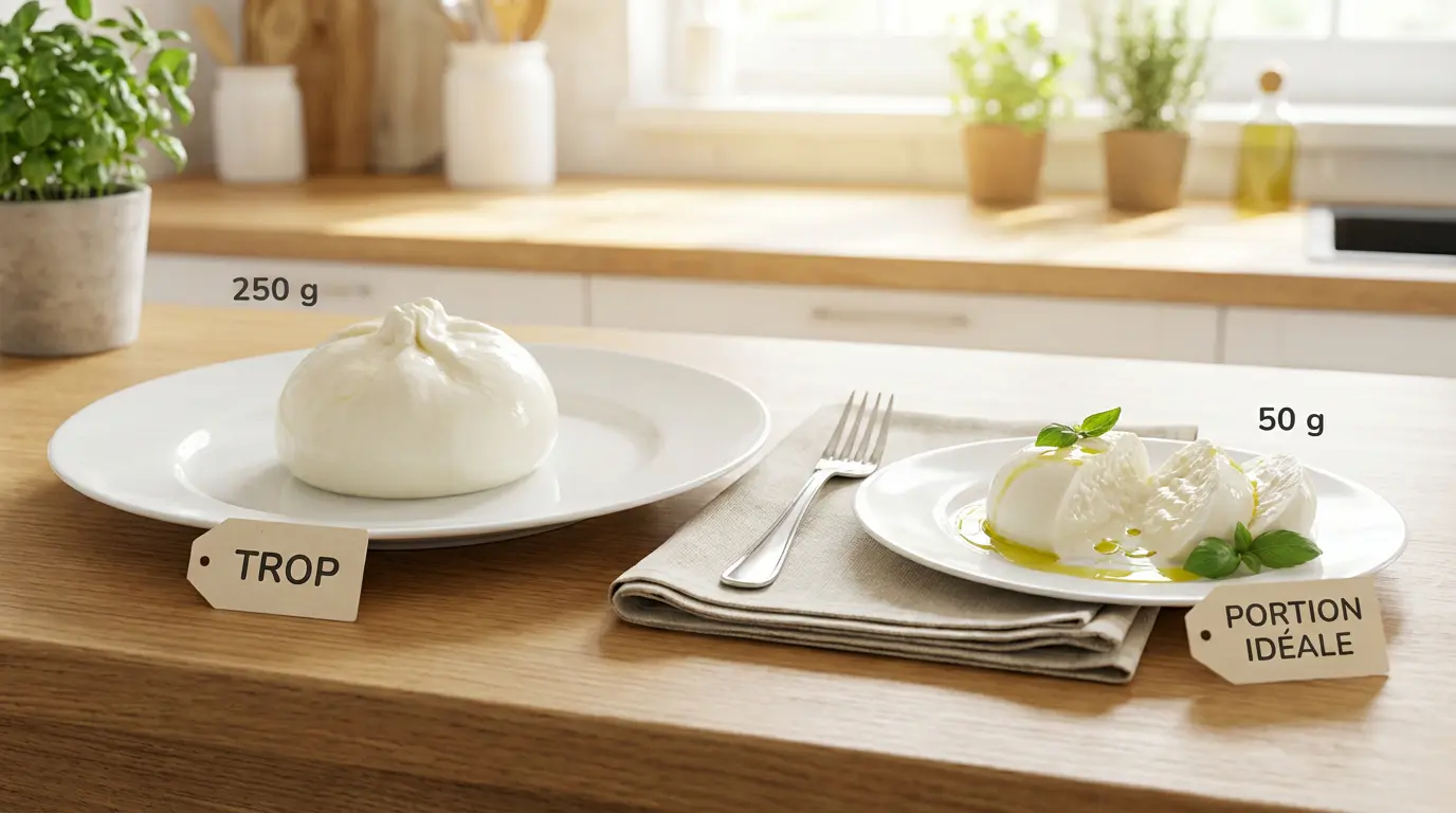 Comparaison visuelle portion burrata entière vs portion recommandée 50g