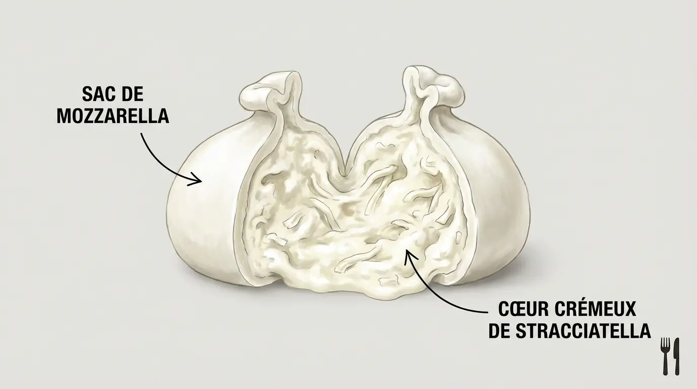 Schéma en coupe montrant la structure de la burrata et son remplissage