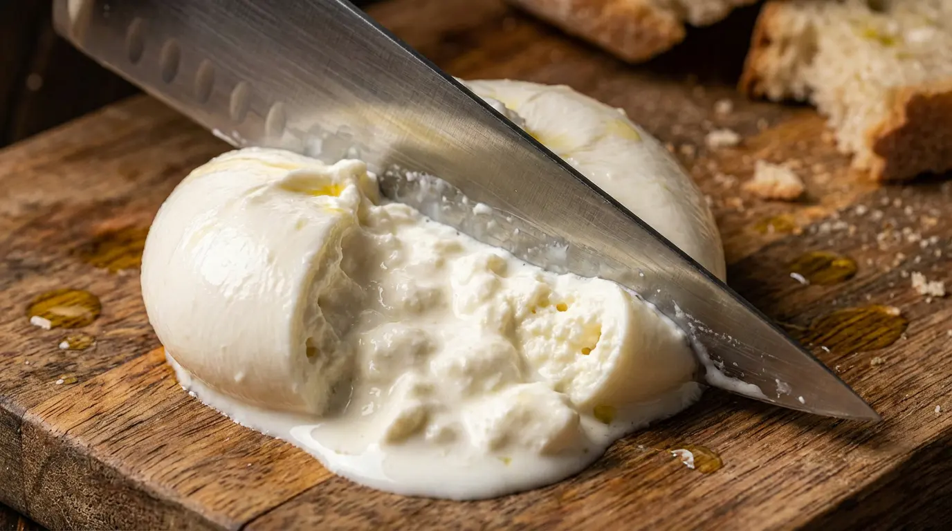 Gros plan sur la texture intérieure de la burrata et la stracciatella filante