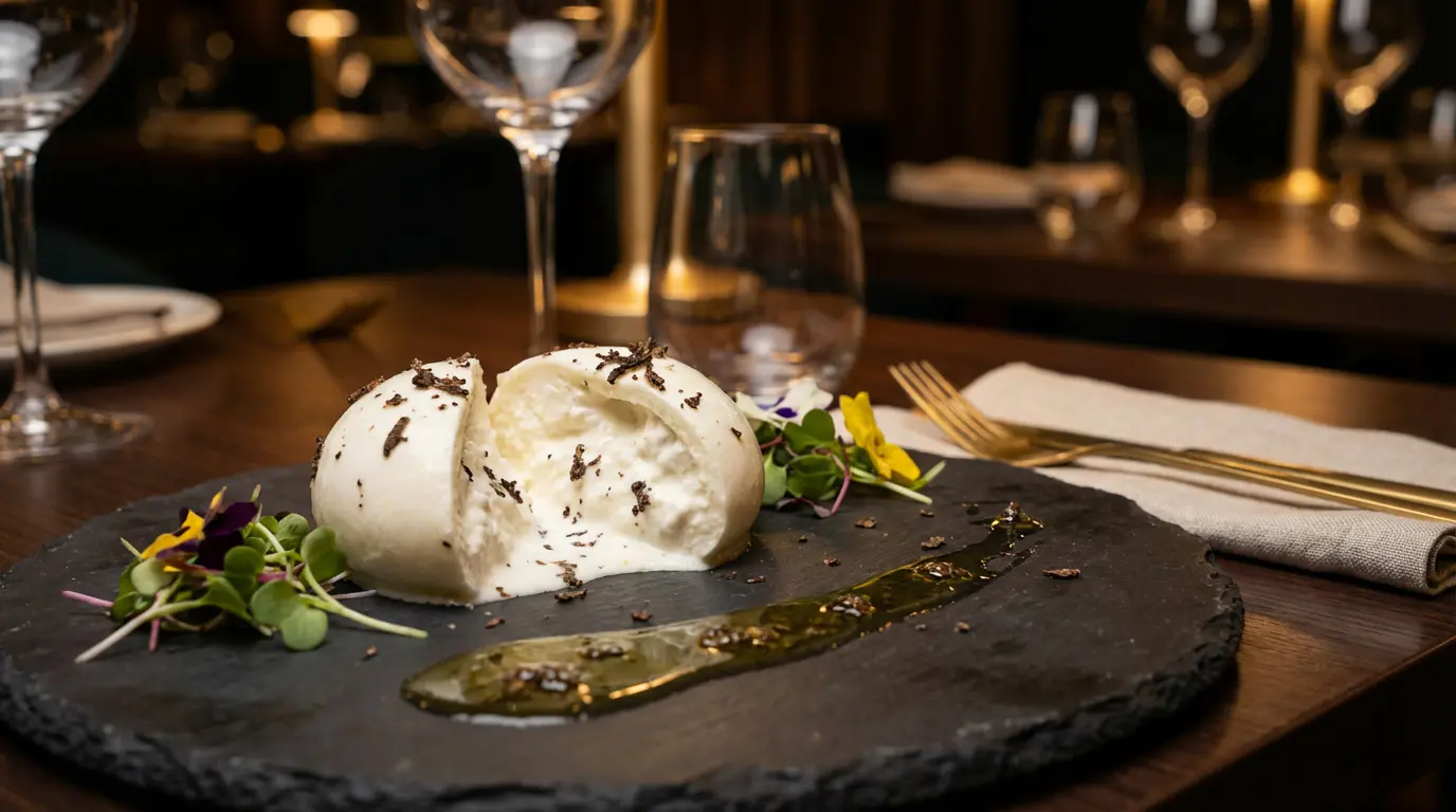 Burrata à la truffe noire coupée sur ardoise
