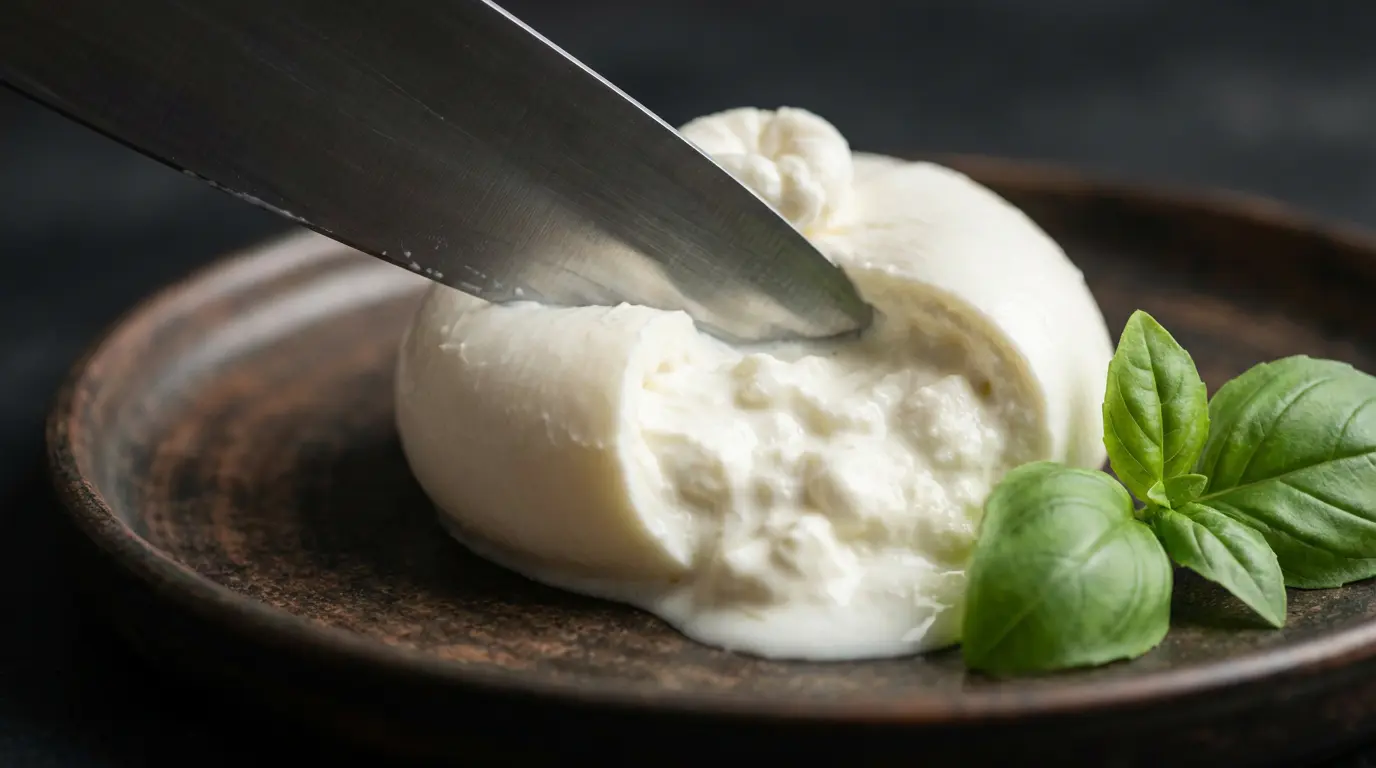 Cœur crémeux stracciatella coulant d'une burrata coupée