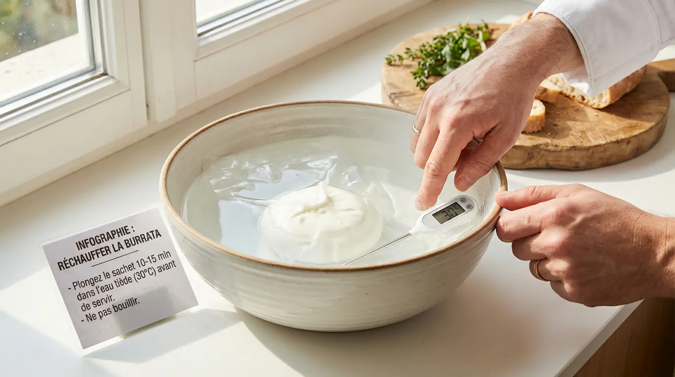 Technique pour réchauffer la burrata dans un bol d'eau tiède avant dégustation