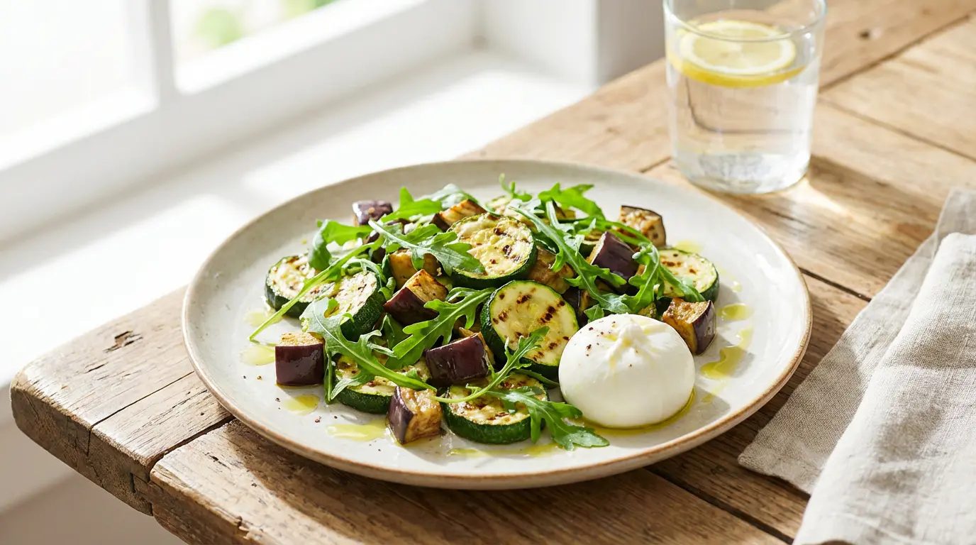 Assiette équilibrée burrata avec légumes grillés et roquette