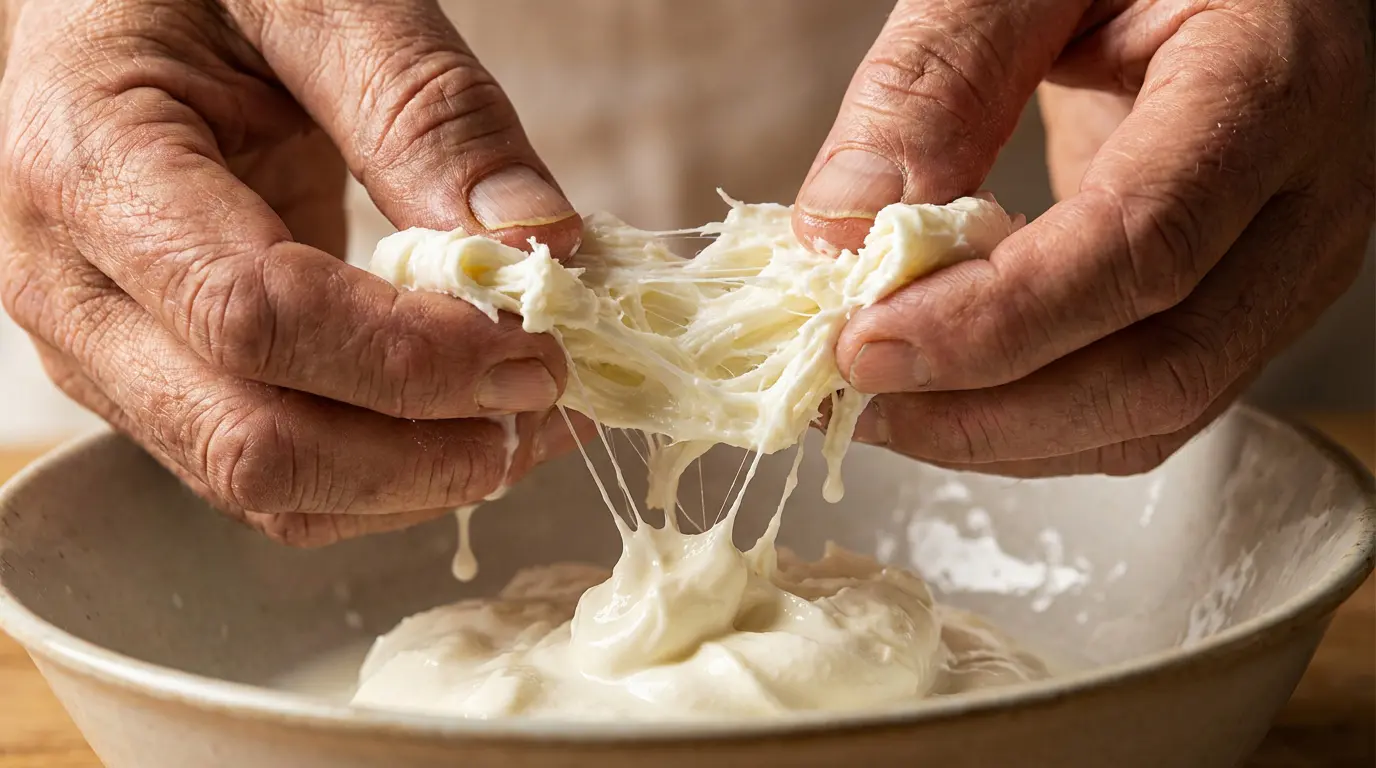 Préparation artisanale de la stracciatella effilochage main mozzarella et crème