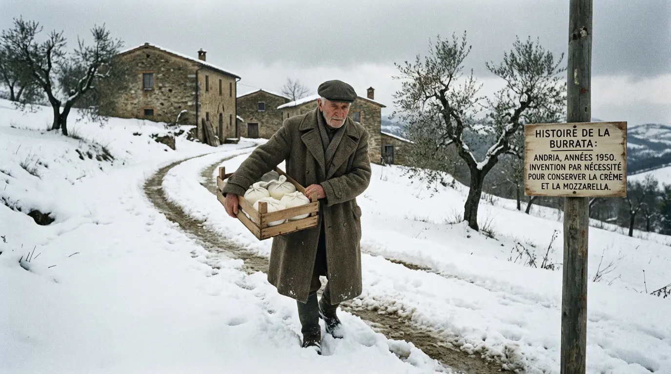 Paysage enneigé d'Andria en 1956 illustrant l'origine historique de la burrata