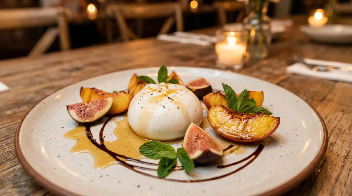 Association sucrée salée burrata pêches rôties et figues