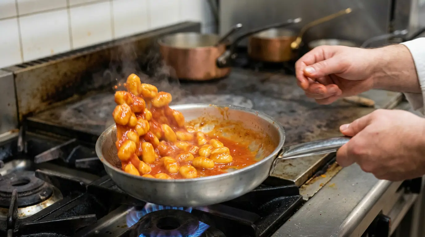 Préparation d'une sauce tomate onctueuse liant les gnocchis