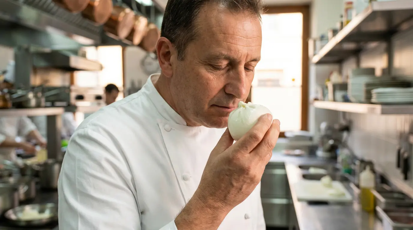 Chef cuisinier sentant une burrata pour vérifier la fraîcheur