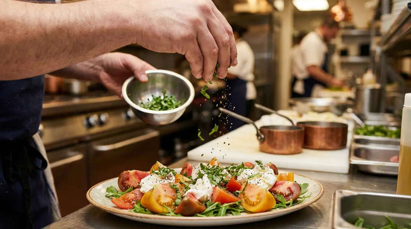 Chef assaisonnant une salade burrata avec herbes fraiches sans huile