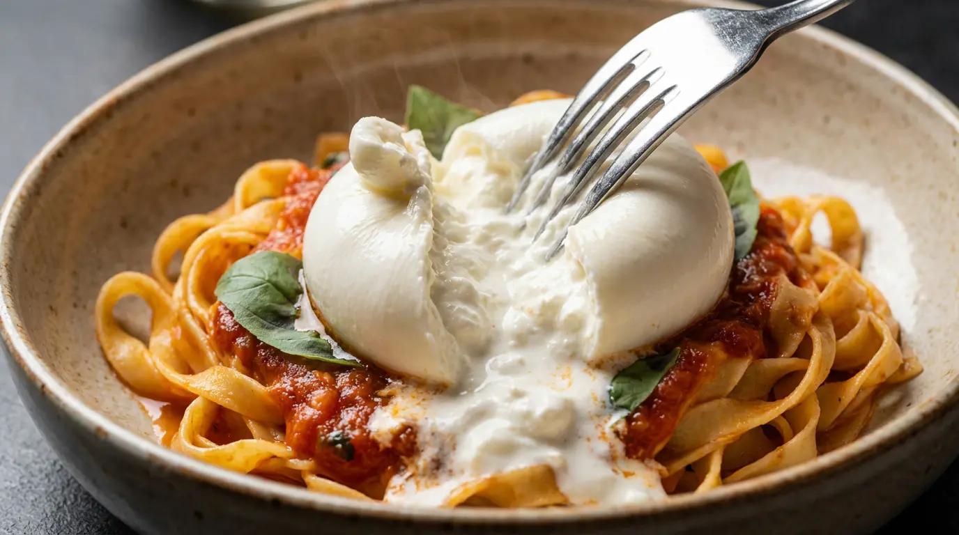 Ouverture de la burrata révélant son cœur crémeux sur le plat chaud