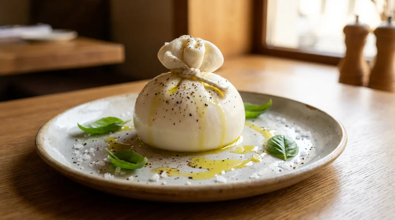 Petite burratina individuelle servie sur une assiette avec huile d'olive