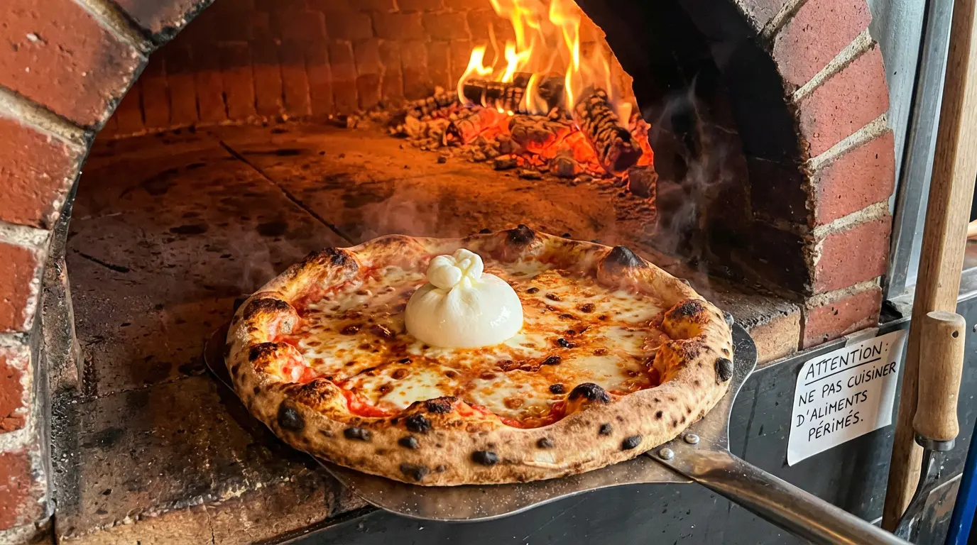 Cuisson burrata sur pizza au four à bois