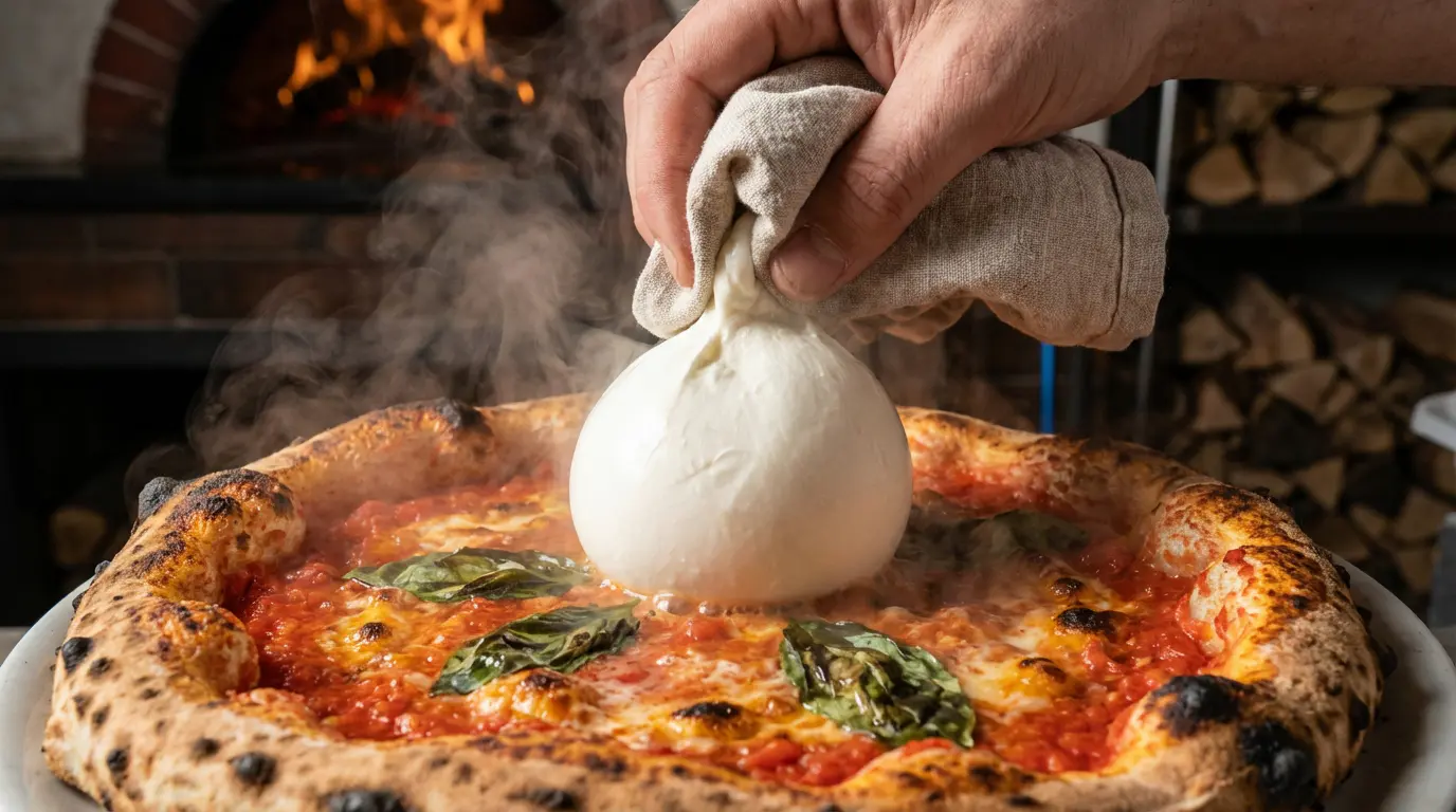 Burrata entière posée sur une pizza chaude sortant du four