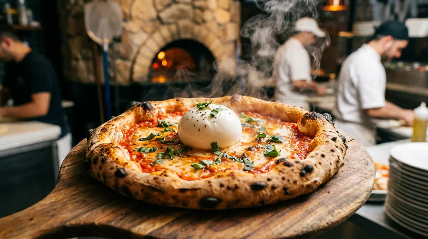 Pizza napolitaine sortant du four garnie d'une burrata fraîche entière