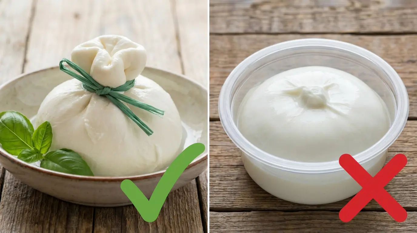 Différence visuelle entre burrata artisanale au raphia et burrata industrielle soudée