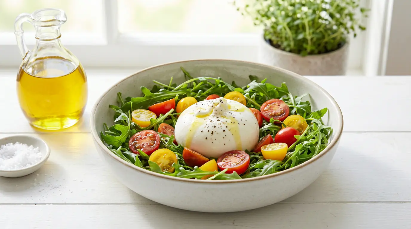 Salade méditerranéenne équilibrée avec burrata et légumes