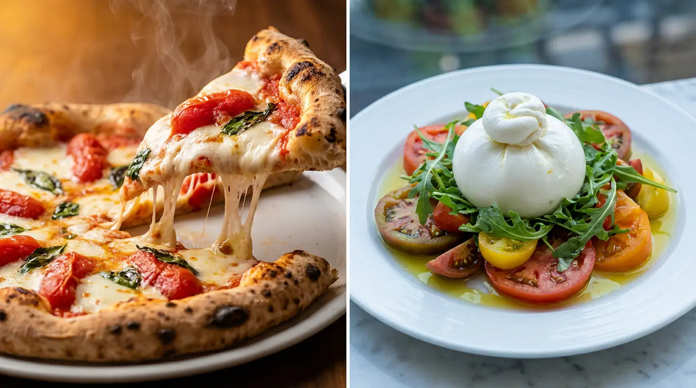 Utilisation cuisine mozzarella fondue pizza vs burrata crue salade
