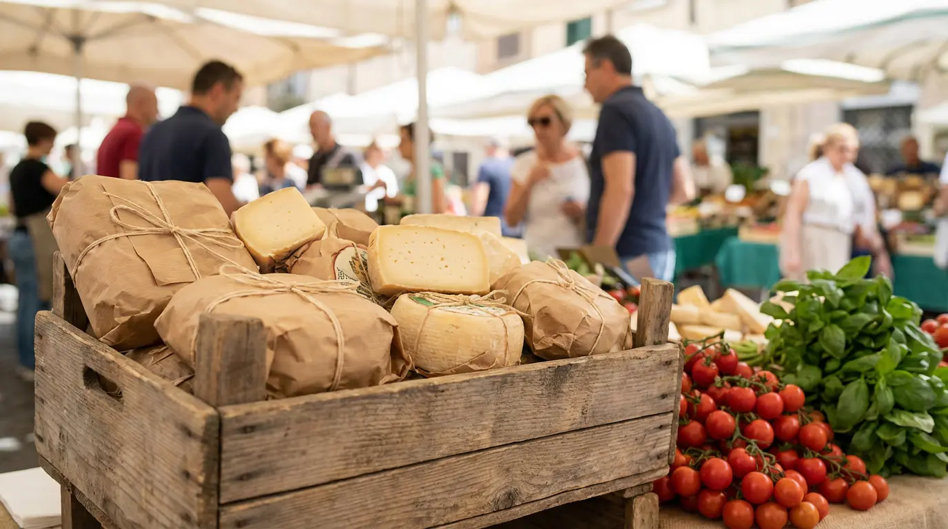 Étalage marché italien fromages frais AOP et ingrédients