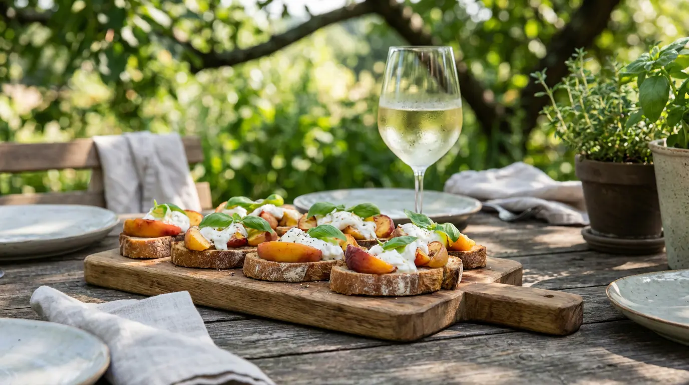 Bruschetta pêche rôtie burrata et verre de vin blanc