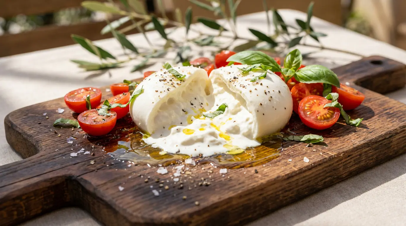 Dégustation burrata coeur coulant avec tomates et huile d'olive