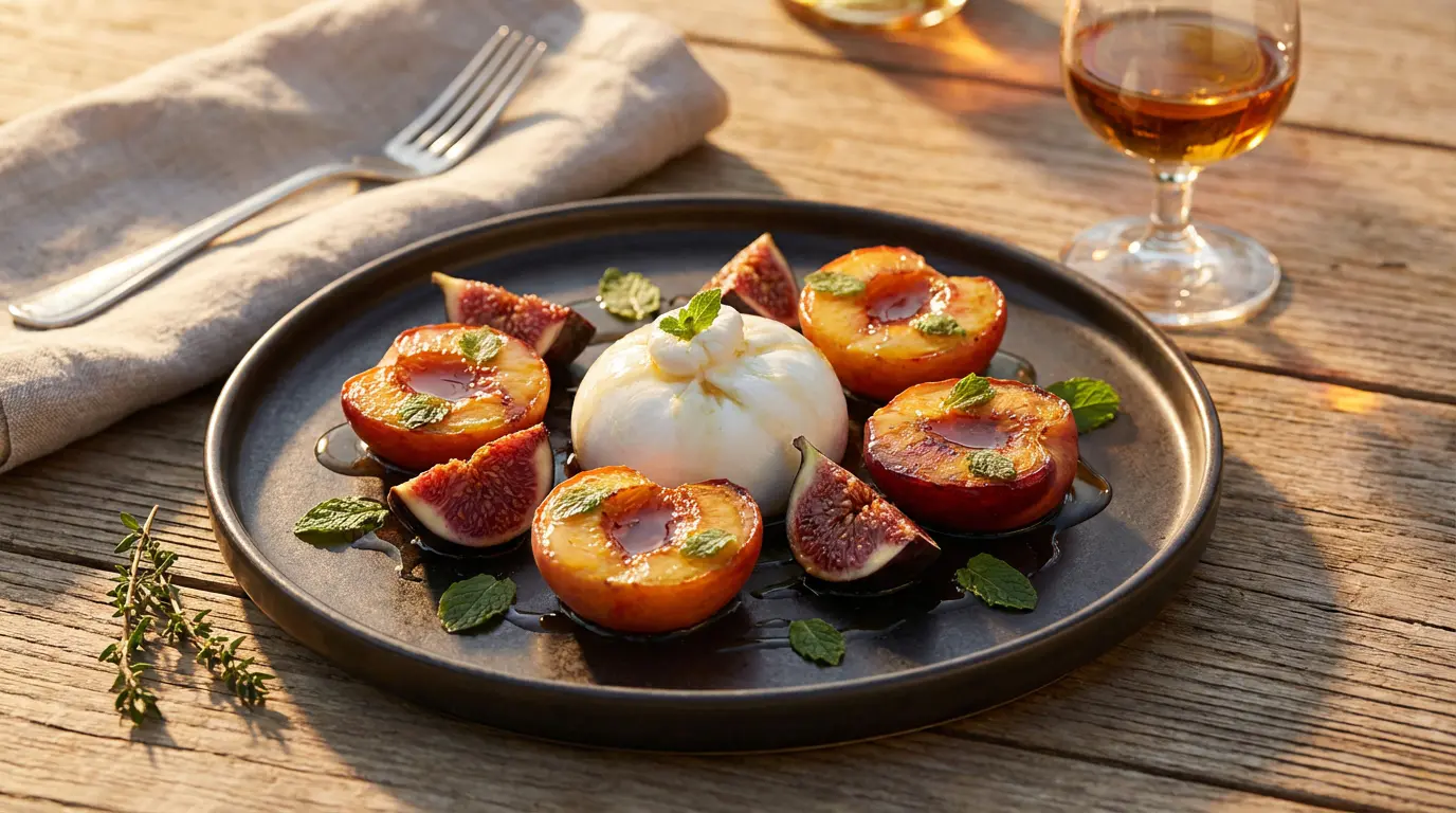 Dessert original associant burrata, pêches rôties et figues fraîches