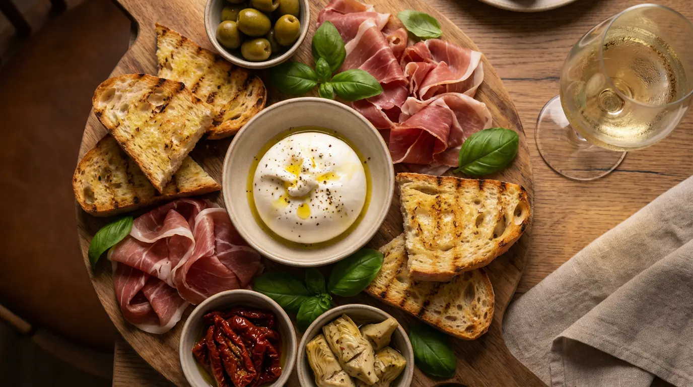 Plateau antipasti italien avec burrata jambon et pain grillé