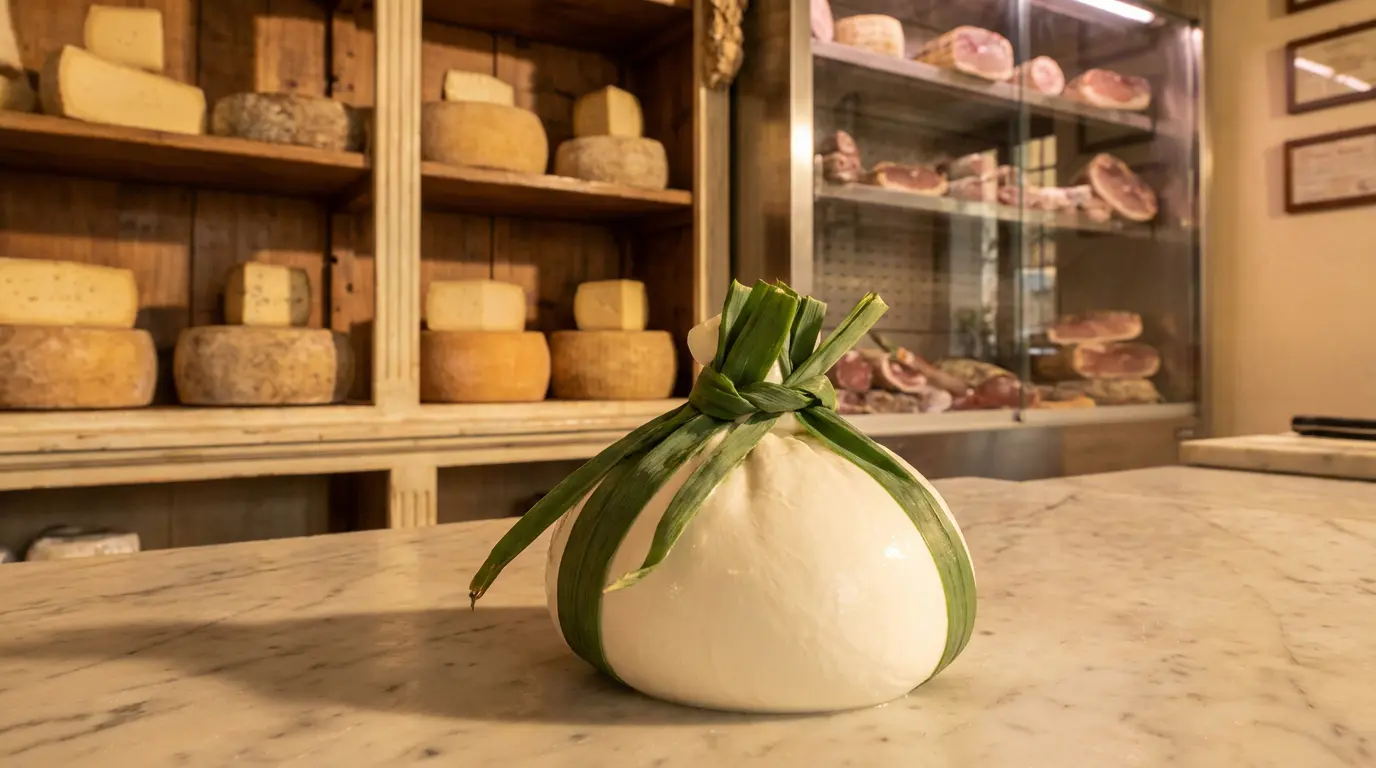 Burrata artisanale AOP emballée dans des feuilles traditionnelles