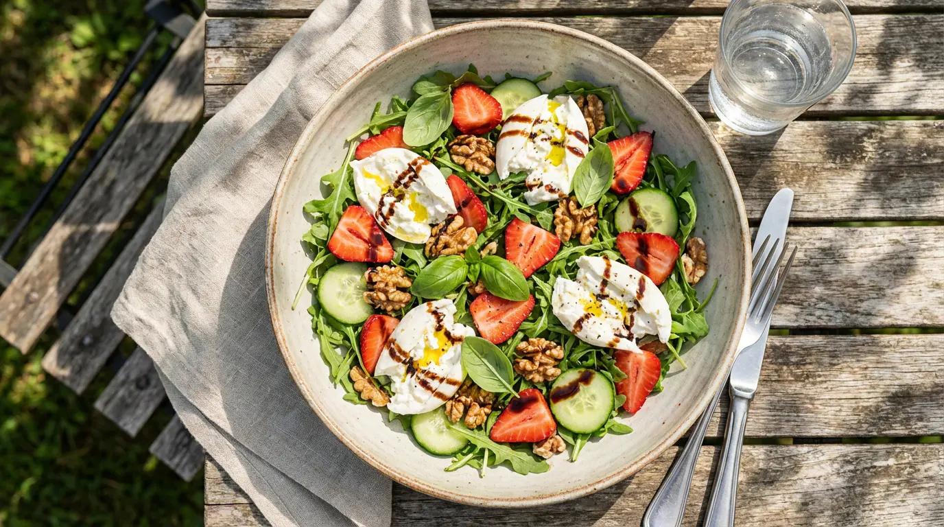 Salade d'été fraîche aux fraises surmontée d'une burrata crémeuse