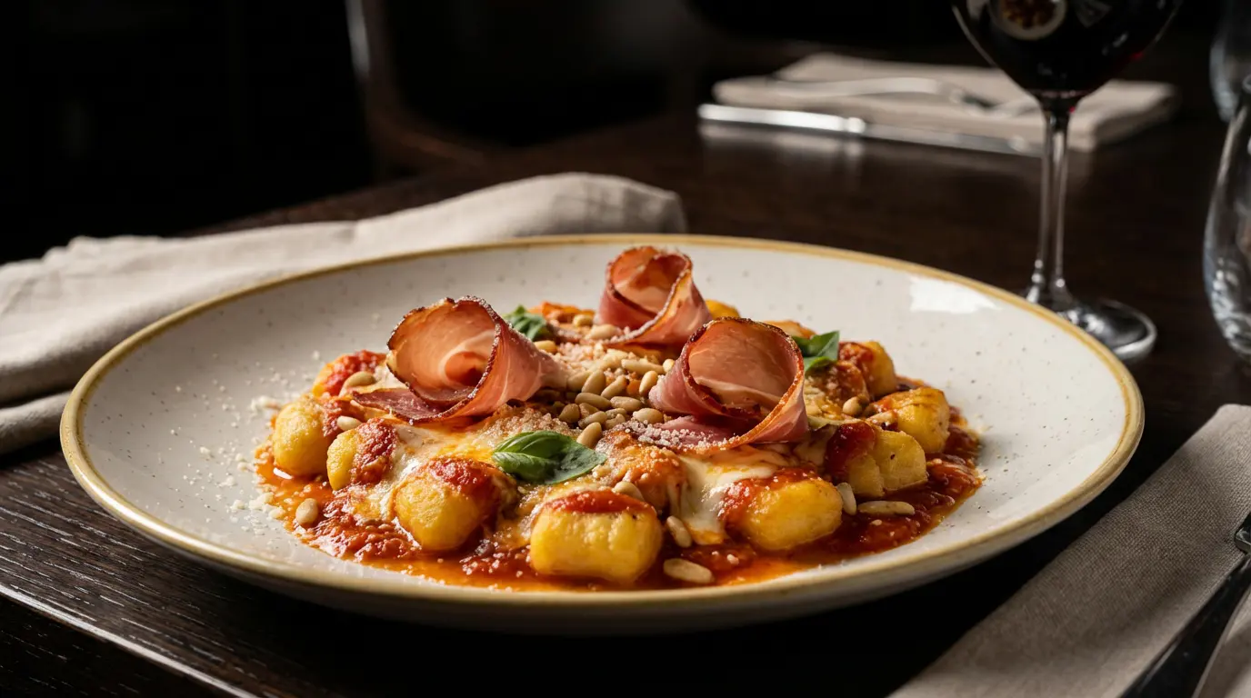 Variante de gnocchi burrata avec speck grillé et pignons de pin