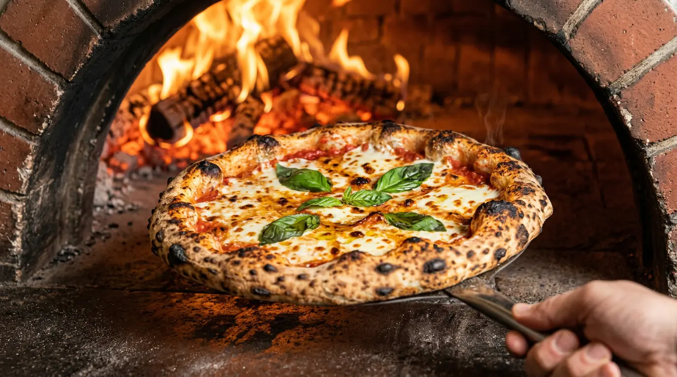 Pizza napolitaine sortant du four avec une mozzarella parfaitement fondue