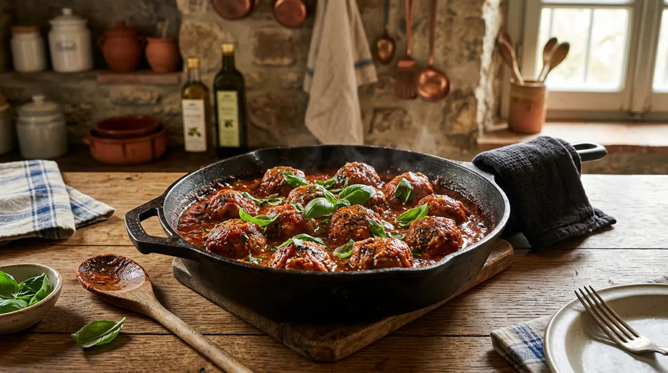 Poêle en fonte remplie de polpette della nonna mijotant dans une sauce tomate au basilic