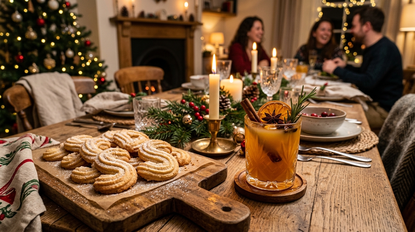 Biscuits Spritz de Noël traditionnels et cocktail festif sur une table en bois
