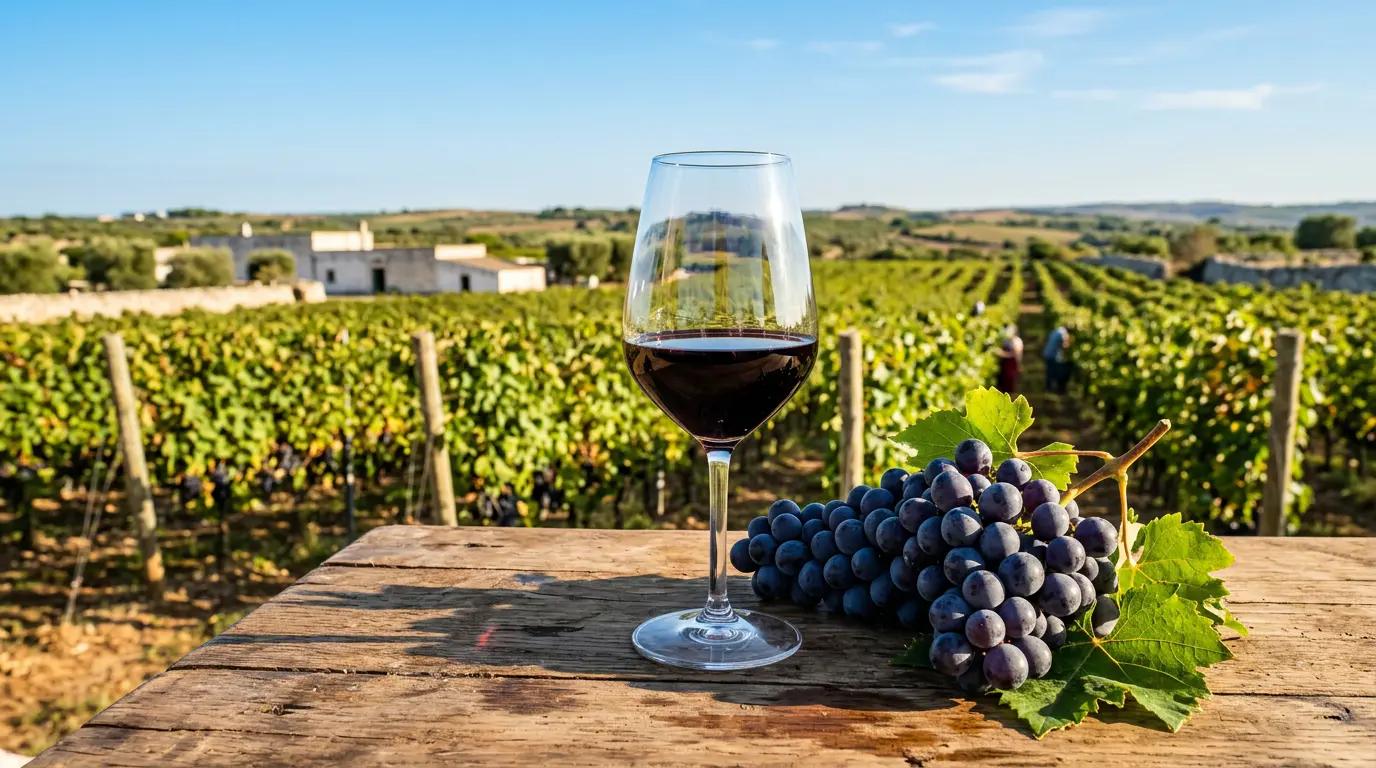Verre de vin rouge Negroamaro et grappes de raisin dans un vignoble du Salento
