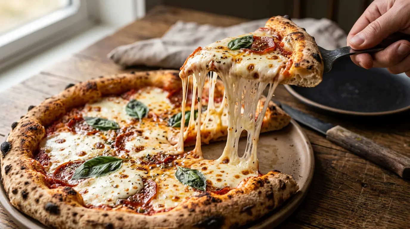 Part de pizza soulevée montrant le filant parfait du fromage fondu