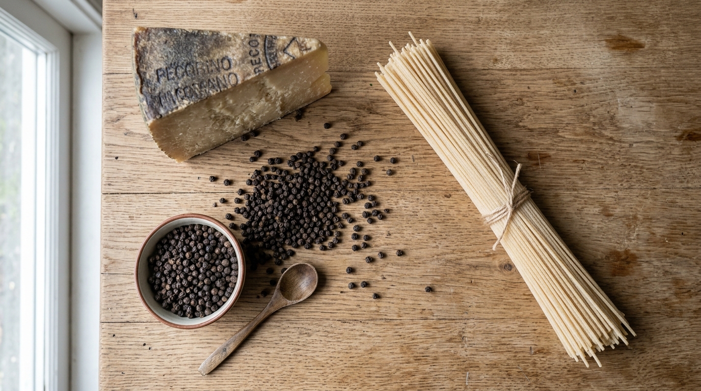 Ingrédients bruts du cacio e pepe : Pecorino Romano, poivre noir et spaghetti