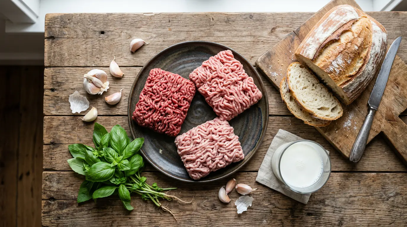 Ingrédients crus pour préparer des boulettes de viande italiennes traditionnelles