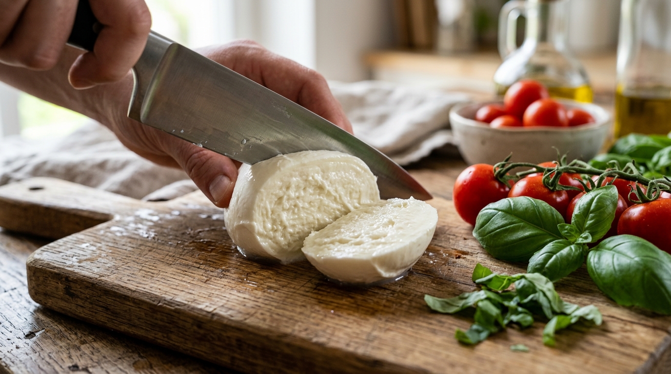 Boules de mozzarella fior di latte fraîches sur une planche à découper