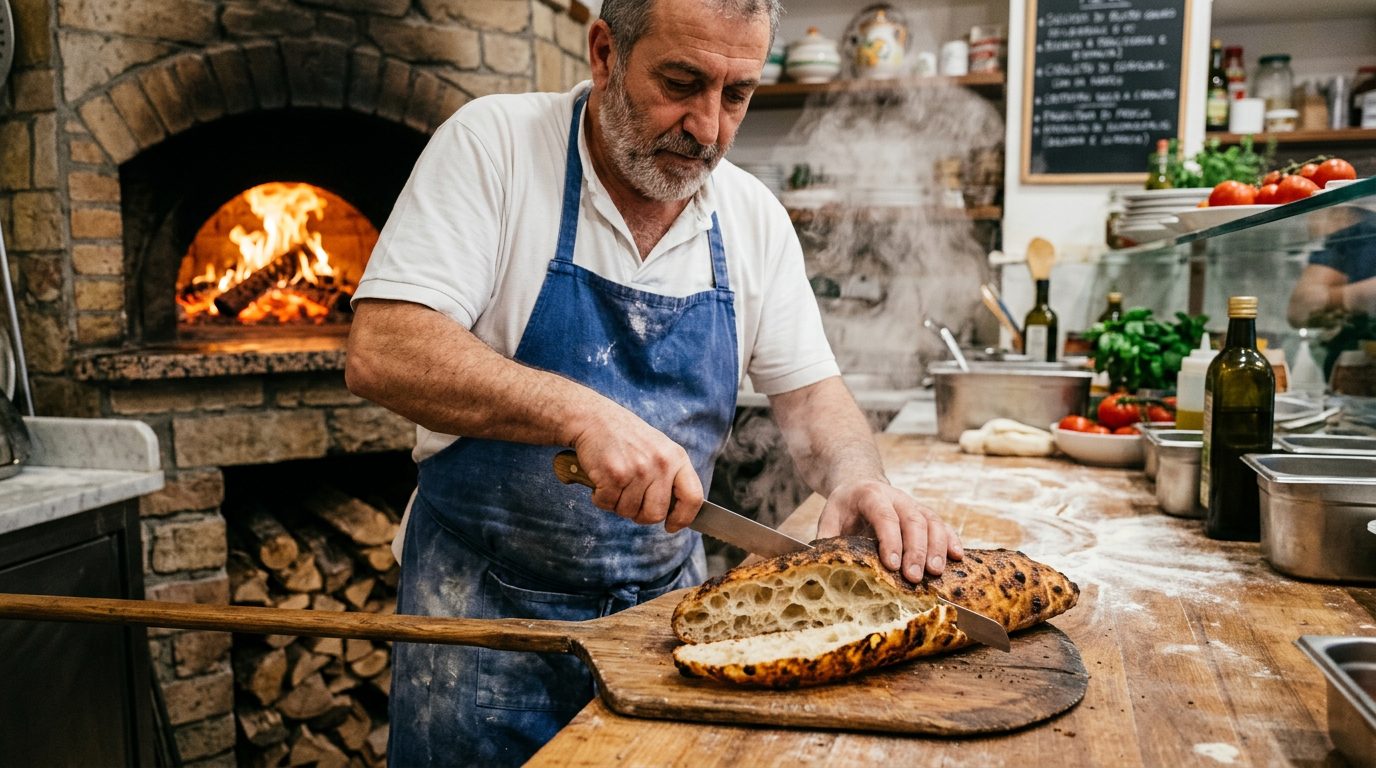 Pizzaiolo italien coupant un pain panuozzo chaud sortant du four à bois