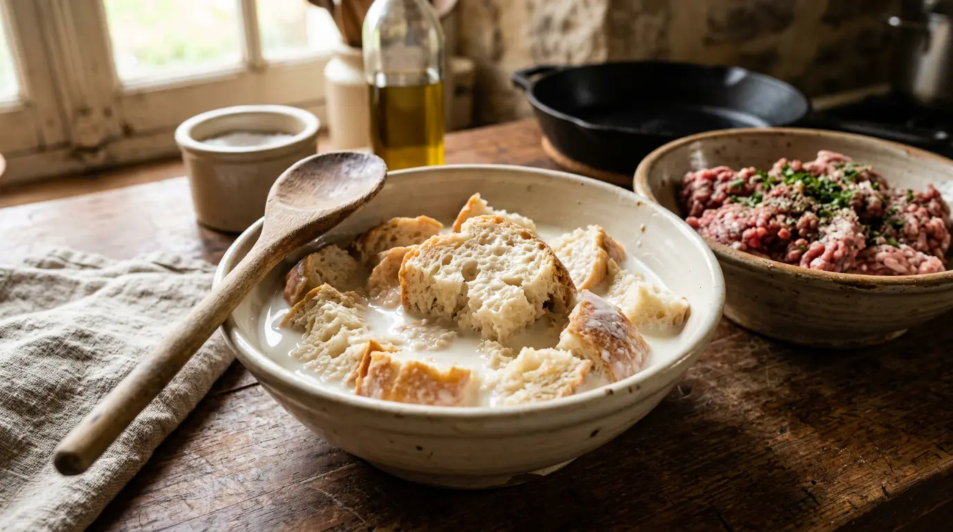 Mie de pain rassis trempant dans du lait pour le moelleux des boulettes
