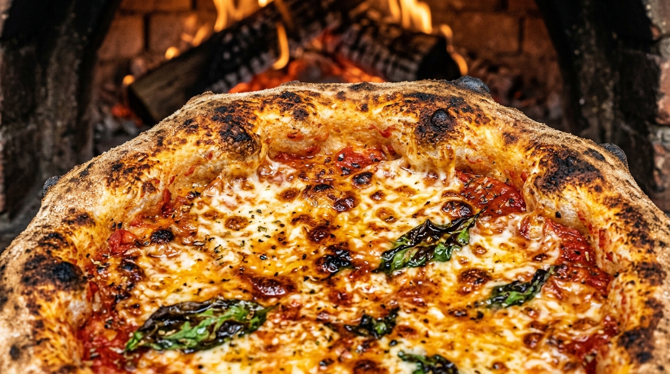 Cuisson de la pizza au four à bois avec un fromage doré sans humidité excessive