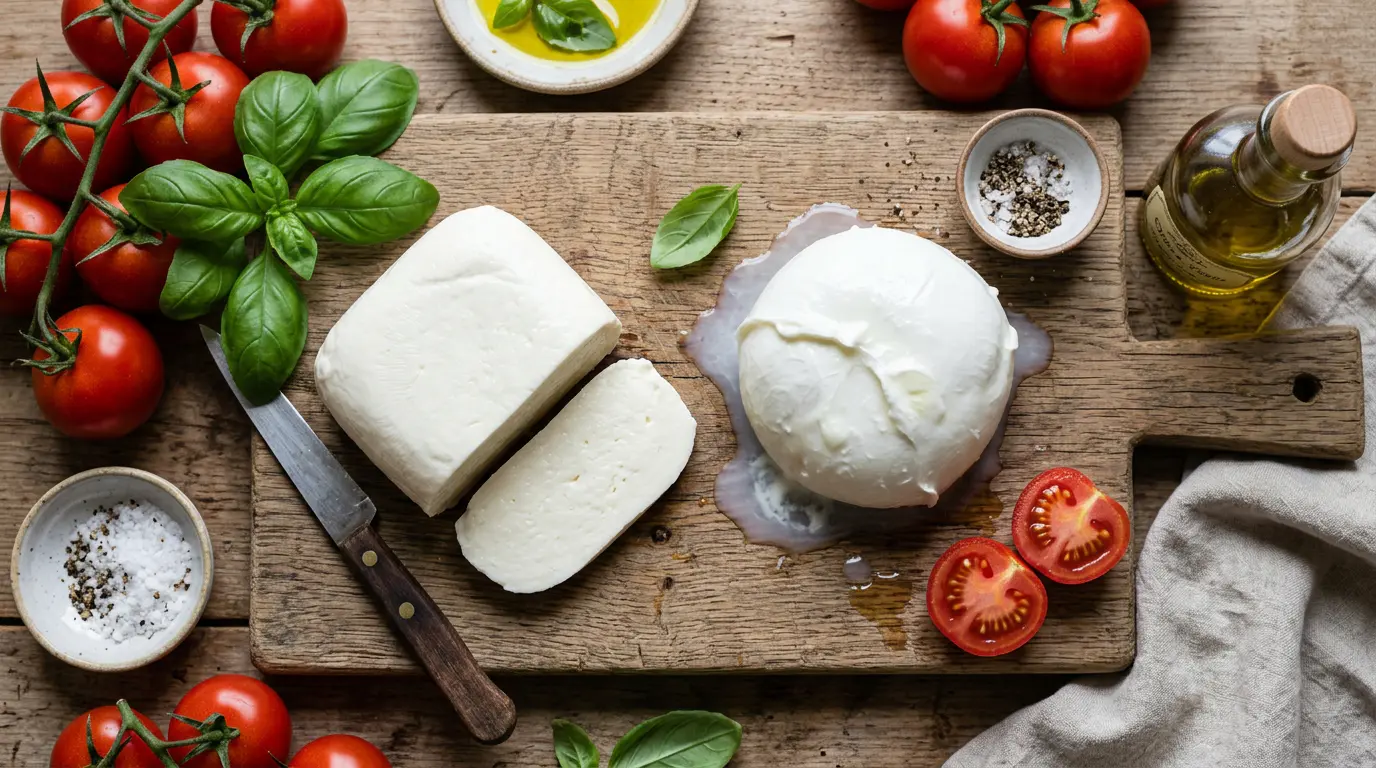 Comparaison entre mozzarella fior di latte et mozzarella di bufala sur une planche