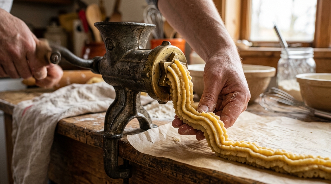 Hachoir manuel avec embout cannelé formant la pâte à biscuits