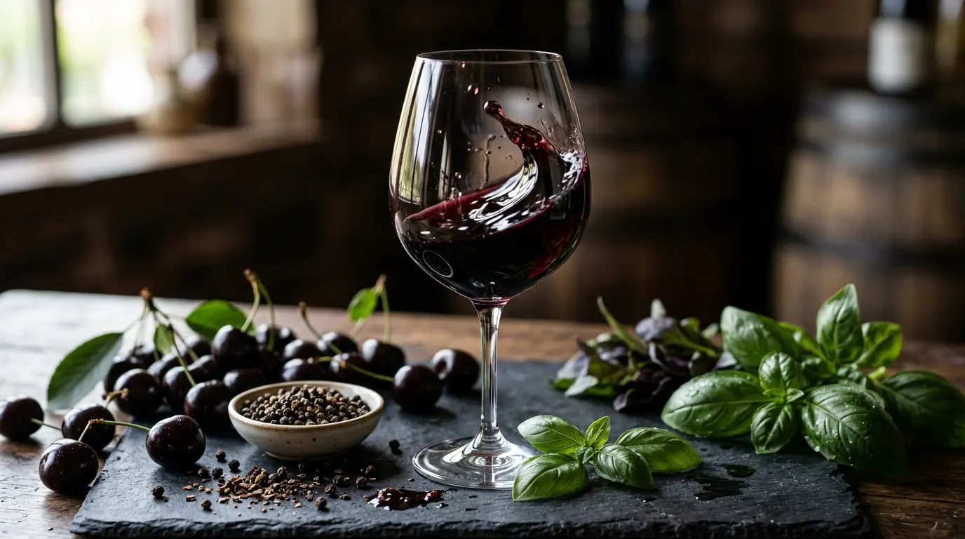 Notes de dégustation du Negroamaro avec cerises noires, poivre et feuilles balsamiques