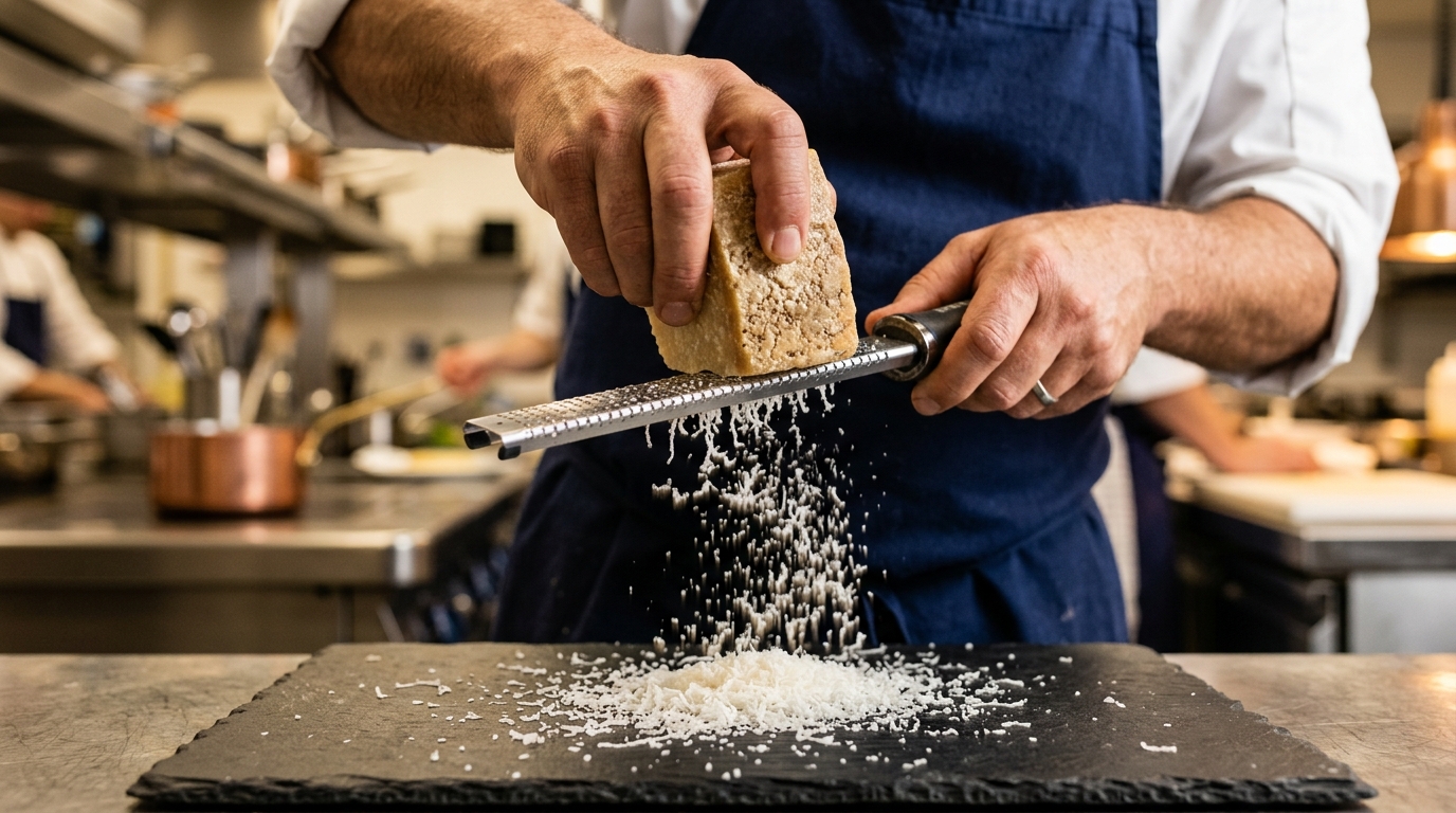 Râpage extra-fin du Pecorino Romano à la microplane