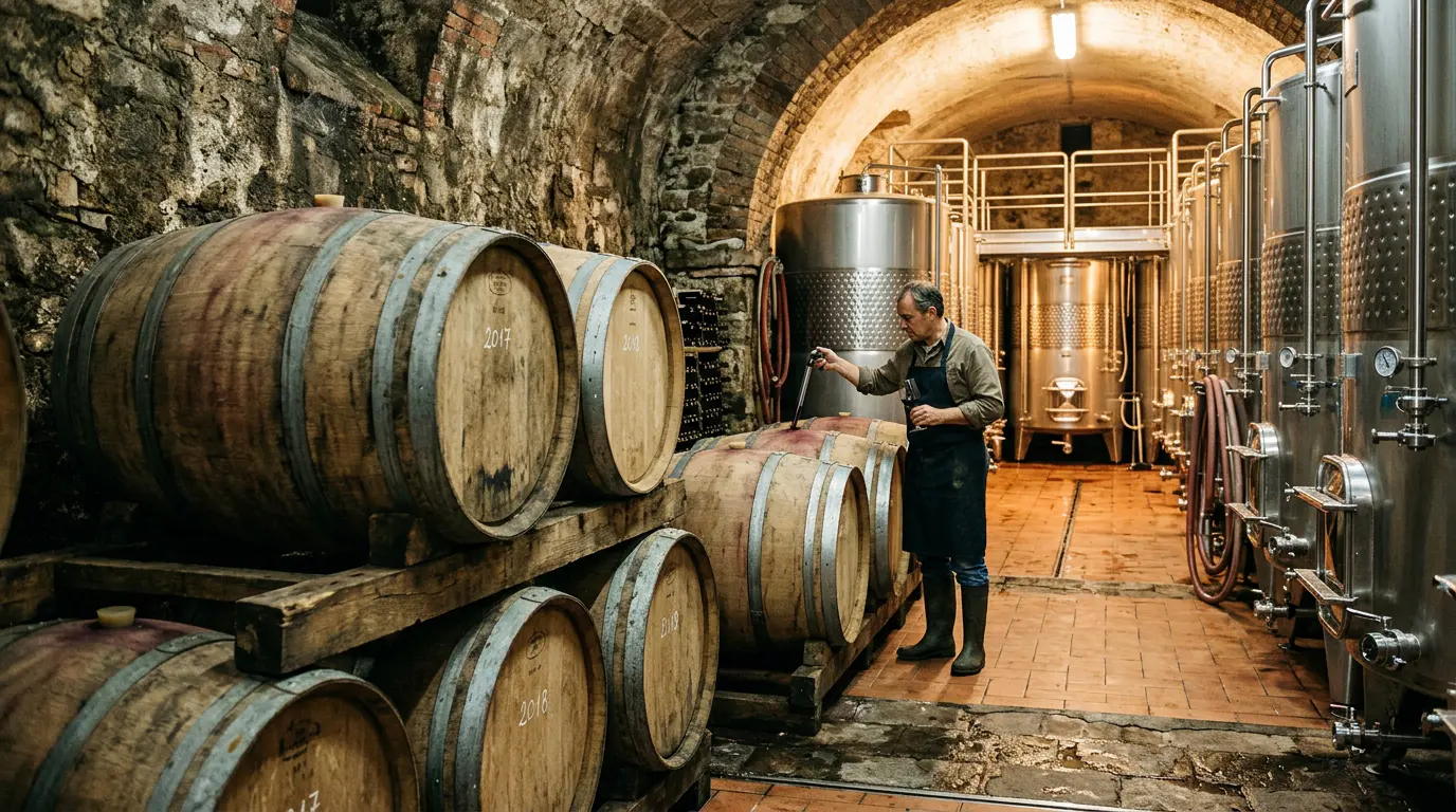 Cave à vin traditionnelle italienne avec fûts de chêne et cuves en inox